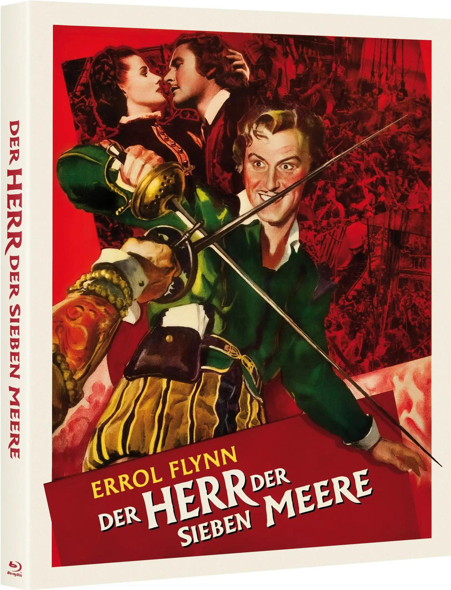 Filmcover mit Errol Flynn, der ein Schwert hält. Grüne Jacke, roter Hintergrund und ein sich küssendes Paar. Titel: Der Herr Der Sieben Meere.