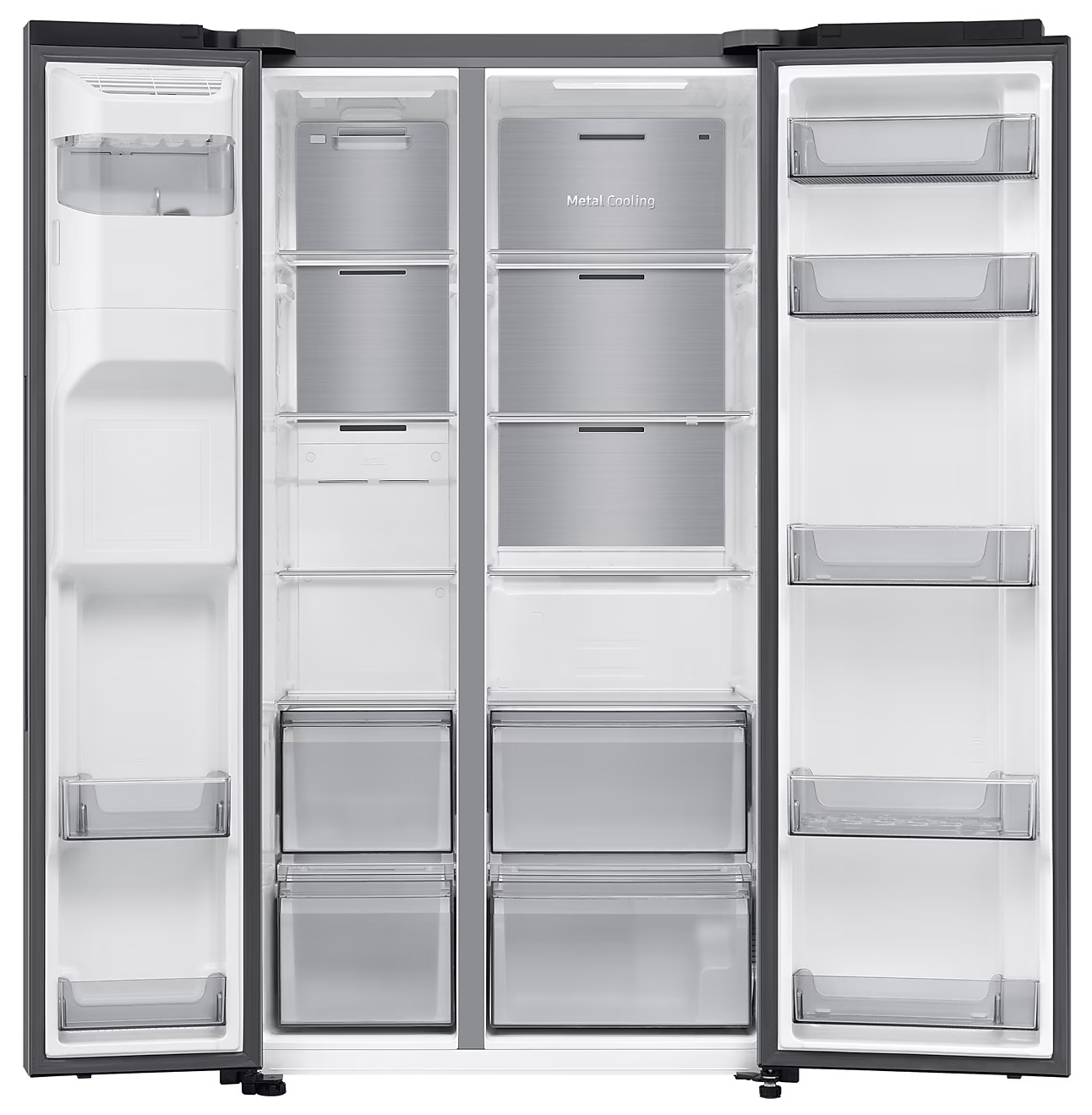 Otwarta lodówka, pokazująca wnętrze z półkami i szufladami, ale bez jedzenia.