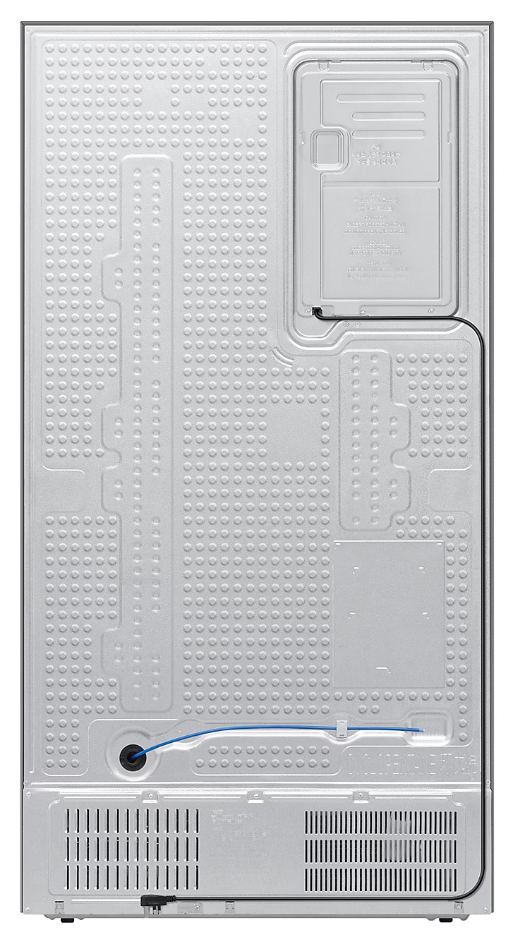 Tył lodówki. Tył ma teksturowaną powierzchnię i różne elementy.