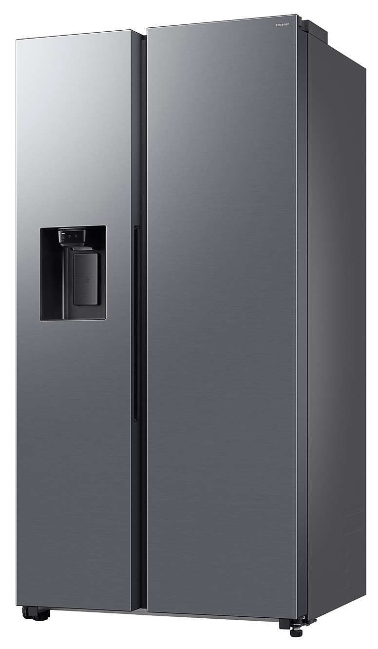 Szara lodówka z dwiema drzwiami i dozownikiem wody. Drzwi są zamknięte.