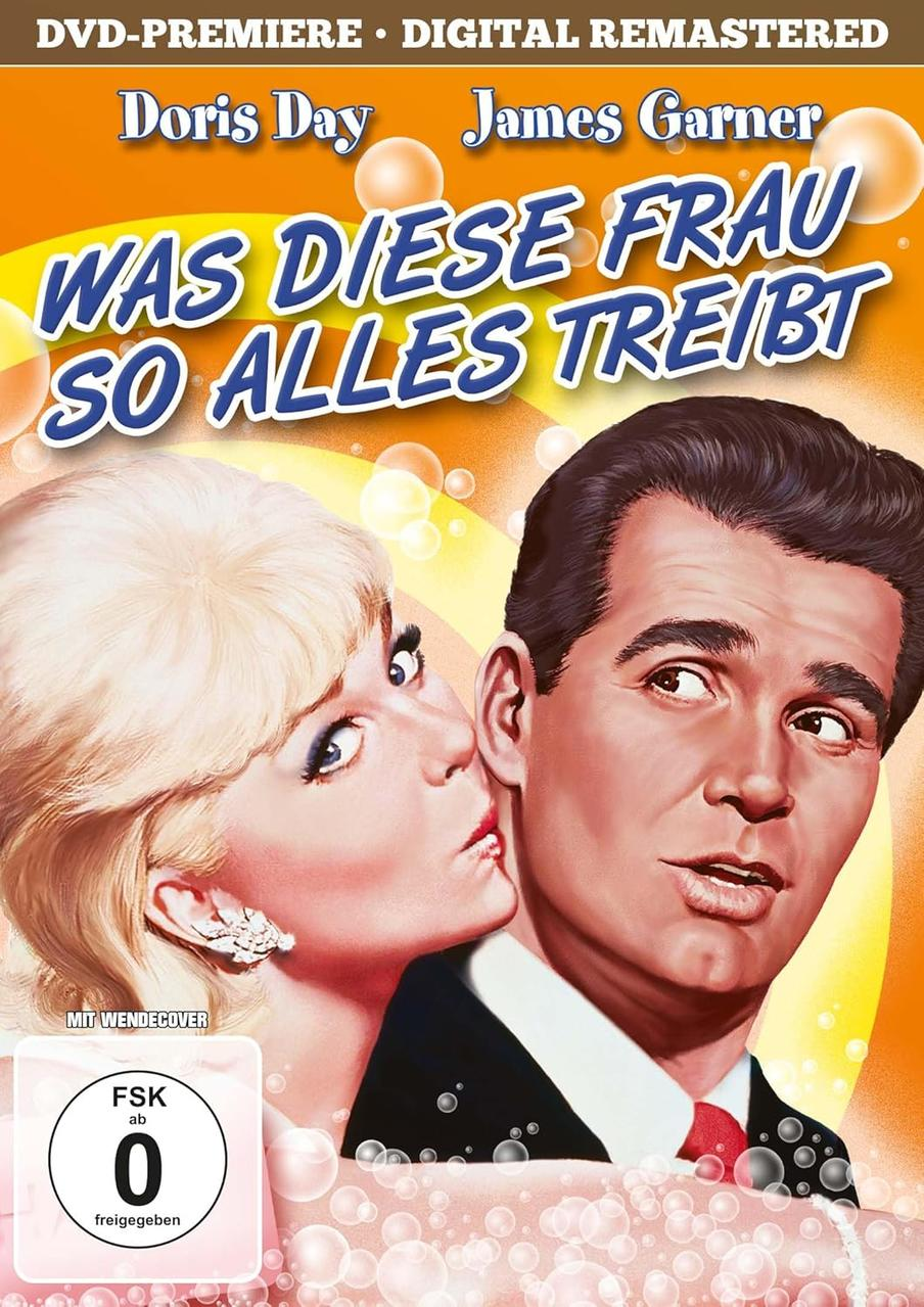 DVD-Cover: Doris Day küsst James Garner, Text: 'Was Diese Frau so alles treibt'.