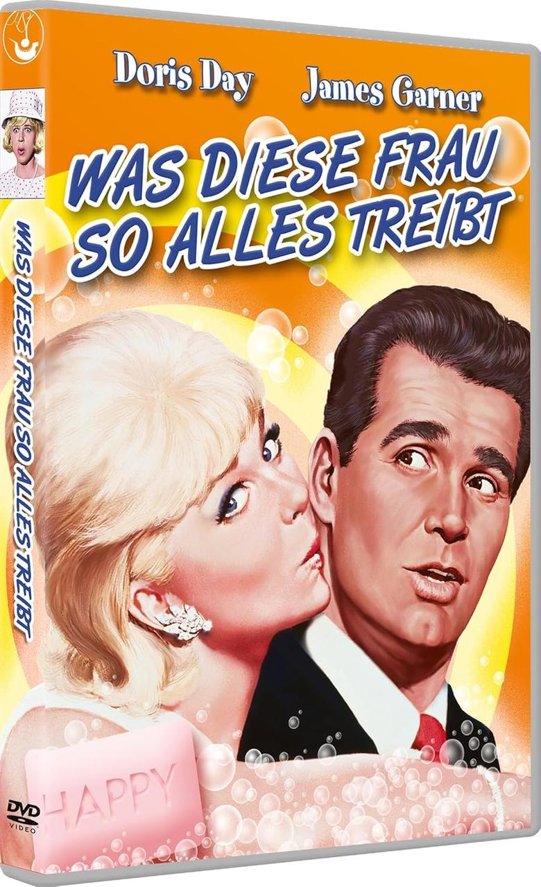 DVD-Cover: Doris Day und James Garner, küssend, mit Titel 'Was Diese Frau so alles treibt'.