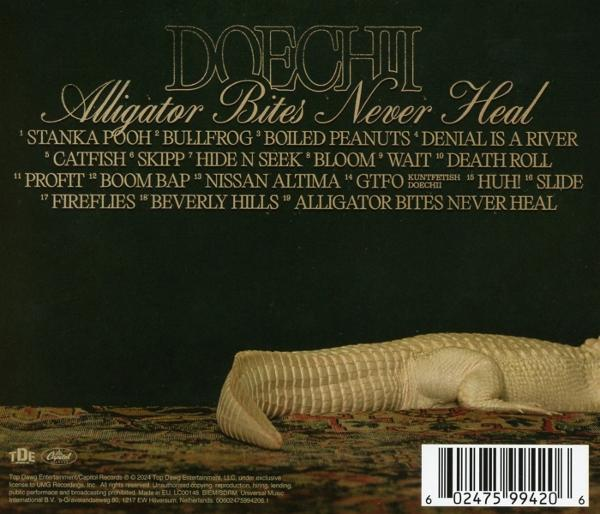 Albumcover mit Texten 'Doechii', 'Alligator Bites Never Heal' und einem stilisierten Alligator auf einem Teppich.