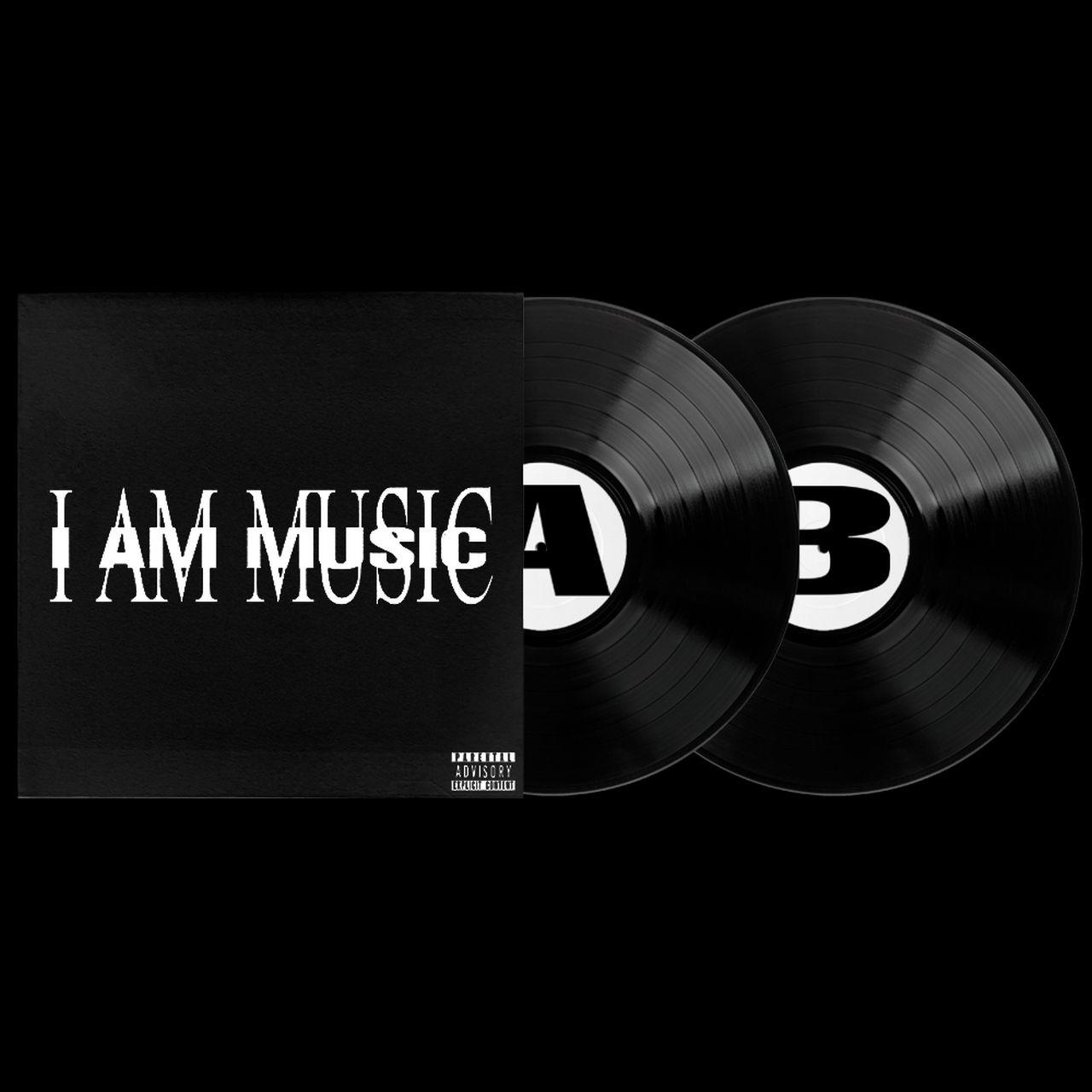 Schwarzes Albumcover mit Text "I AM MUSIC". Zwei schwarze Schallplatten mit weißen "A"- und "B"-Etiketten auf schwarzem Hintergrund.