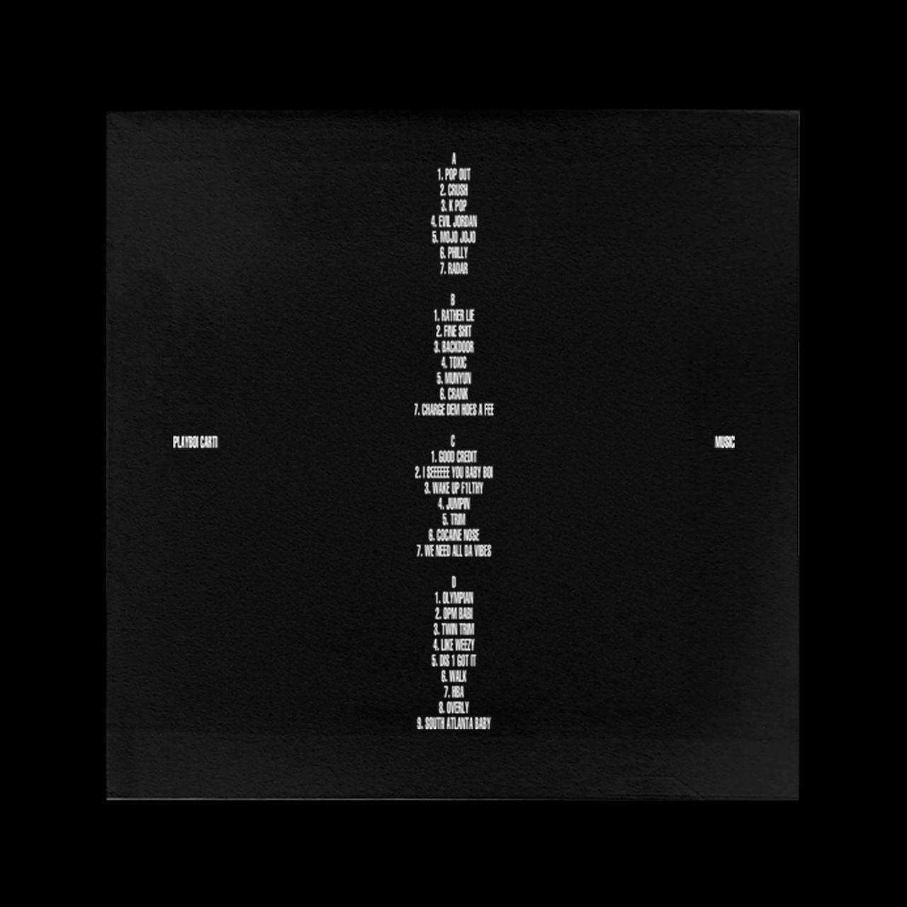 Schwarzes Albumcover mit weißem Text, der Songs von Playboi Carti auflistet. Titel sind alphabetisch unter den Buchstaben A, B, C und D geordnet.