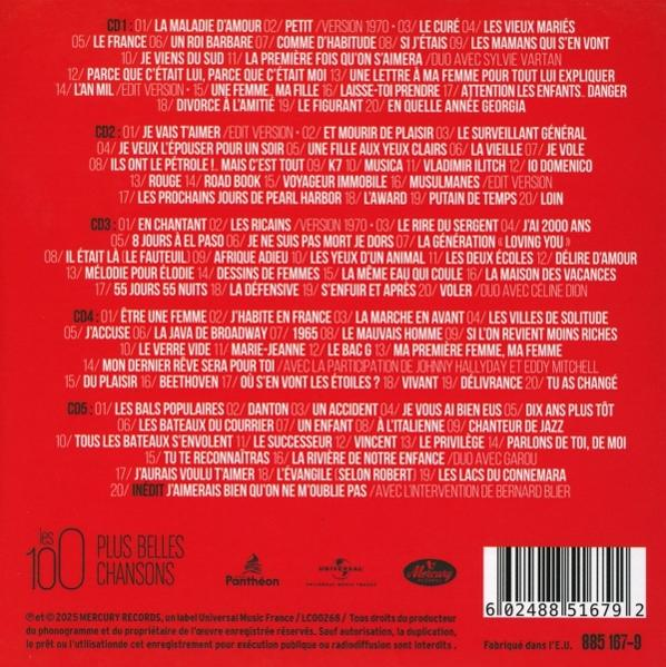 Rotes CD-Cover mit weißen Songtiteln. Unten steht Text über das Label und ein Barcode.