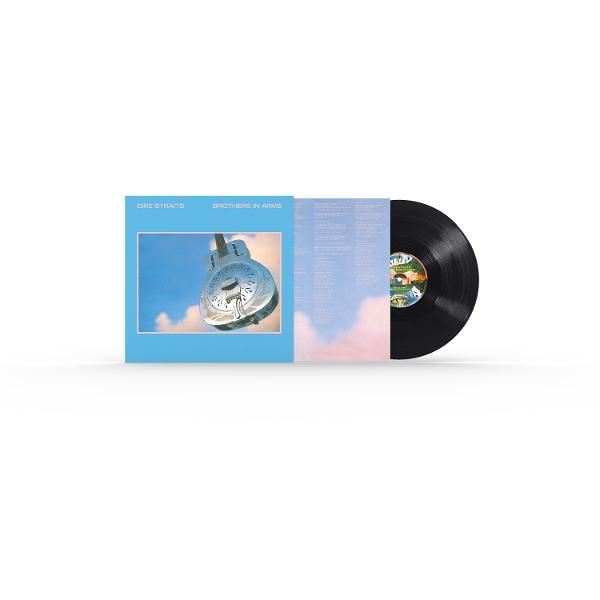 Pochette de l'album 'Brothers in Arms' de Dire Straits. Comporte une guitare sur un ciel bleu et un disque vinyle noir.