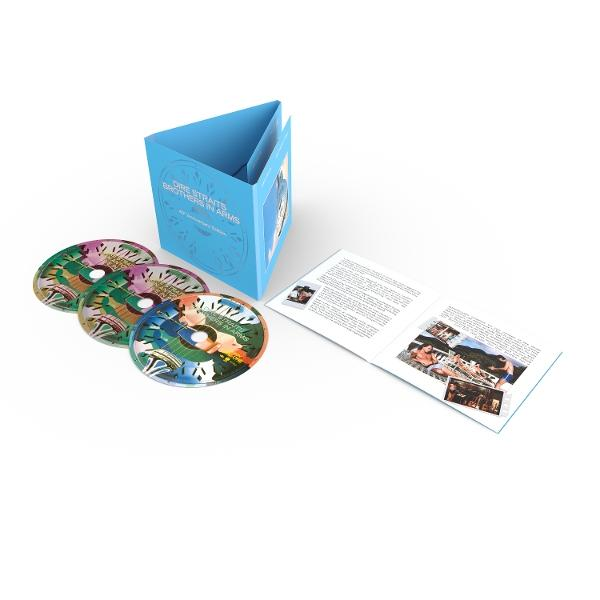 CD set: 3 discs, blue box with text, open booklet. Discs have colorful designs. Box says 'Dire Straits Brothers in Arms'.