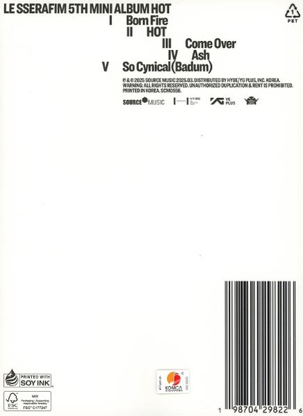 Weißes Albumcover mit Songtiteln, Barcode und Logos. Text enthält 'LE SSERAFIM 5TH MINI ALBUM HOT' und 'So Cynical'.