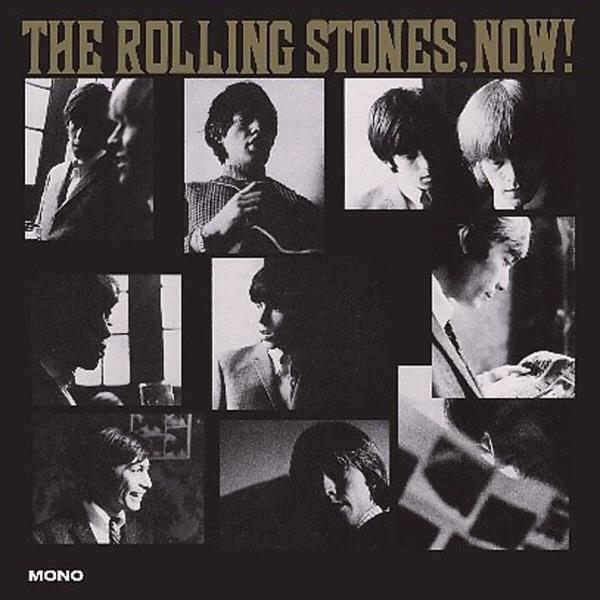 Pochette de l'album : The Rolling Stones, Now ! en monochrome. Visages des membres du groupe en grille, fond sombre, et "MONO" en bas.