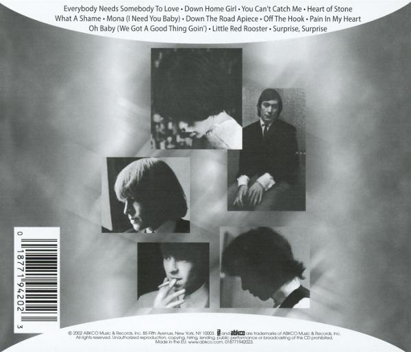 Dos d'un album de musique avec photos des membres du groupe et titres des chansons. Photos en noir et blanc.