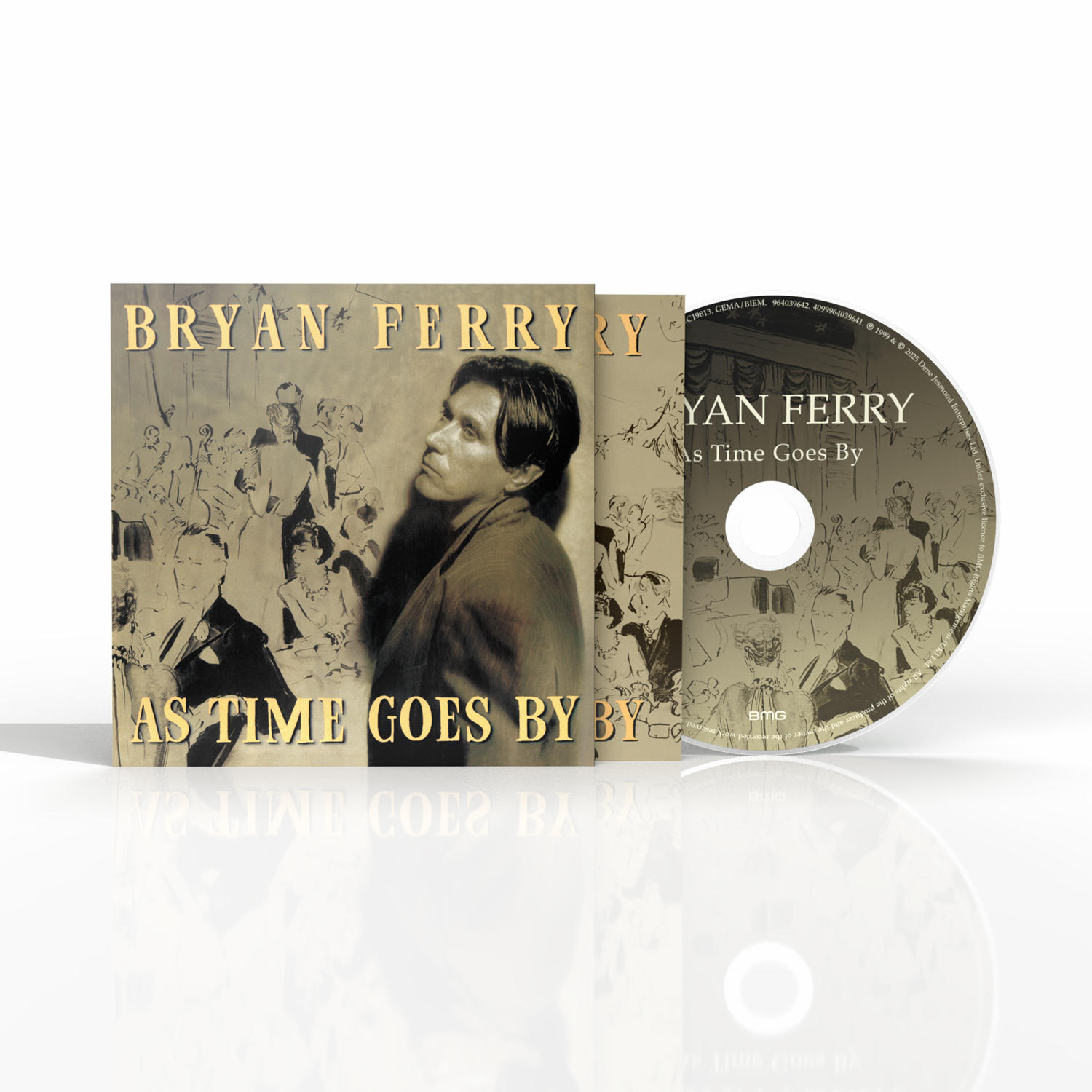 Albumcover von As Time Goes By von Bryan Ferry. Das Cover und eine CD sind im Bild. Der Künstler steht im Mittelpunkt.