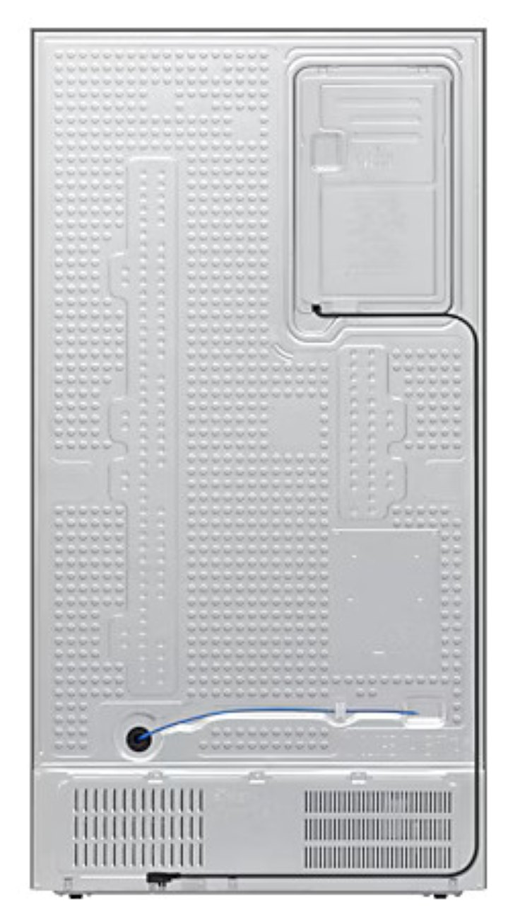 Tył czarnej lodówki przedstawiający tylny panel z otworami wentylacyjnymi, przewodami i różnymi elementami.