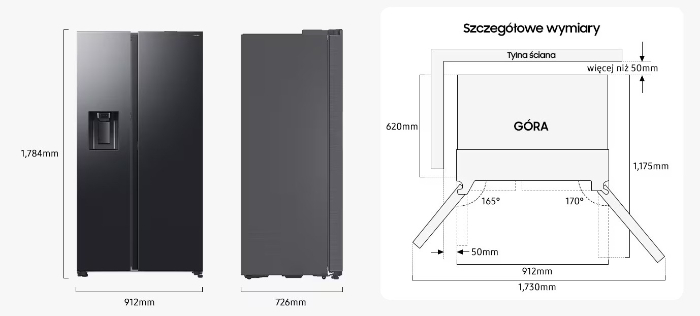 Czarna lodówka typu side-by-side, wyświetlająca wymiary i specyfikacje, z diagramem.