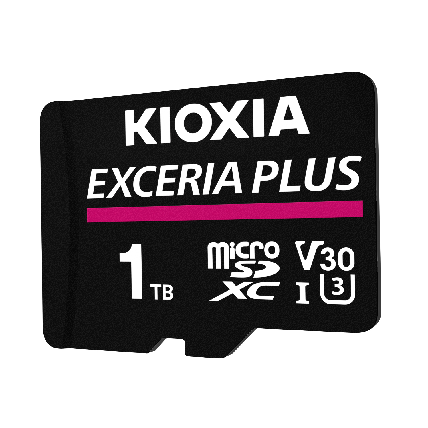 Siyah KIOXIA 1TB microSDXC kartı, beyaz yazı ve pembe şerit.