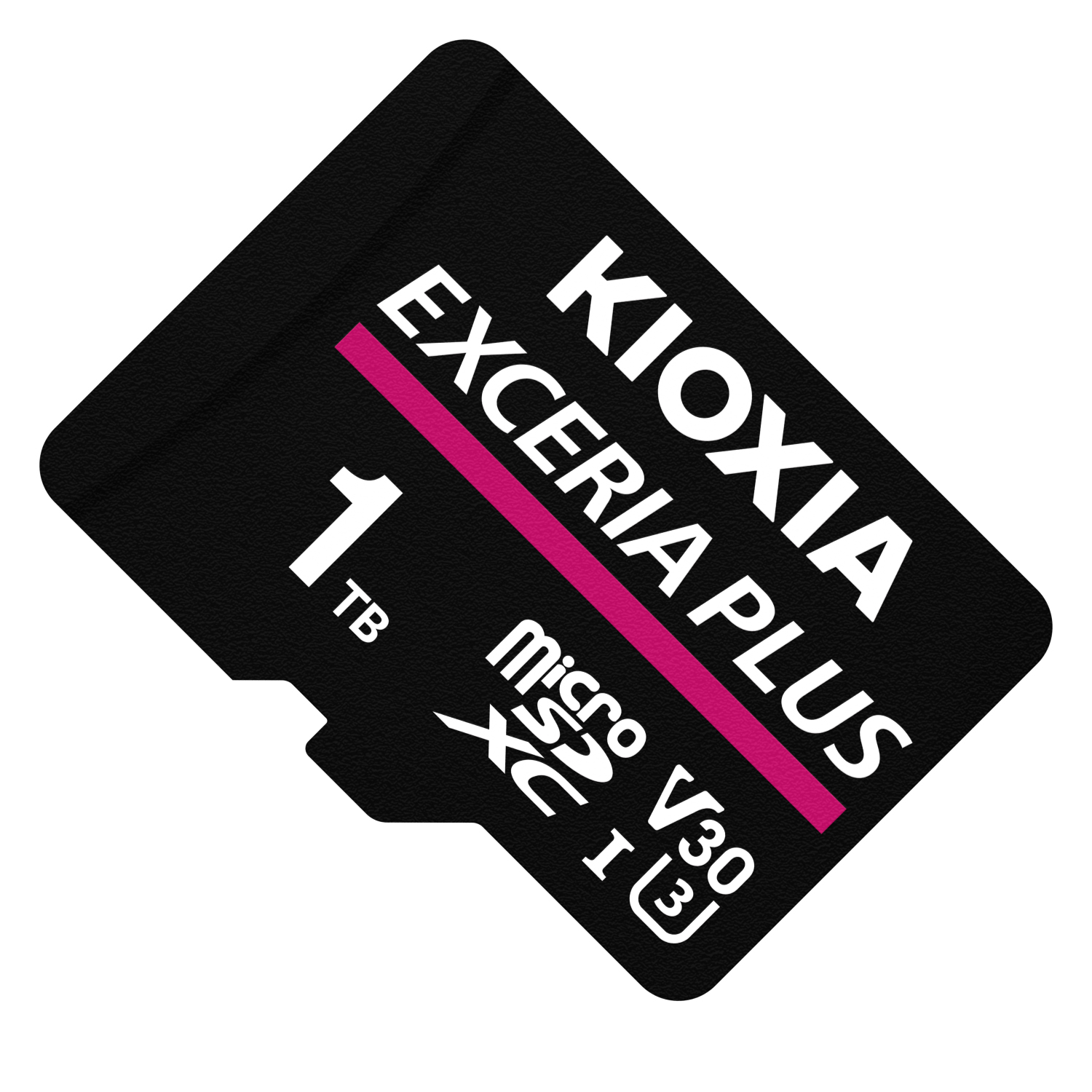 Siyah KIOXIA 1TB microSDXC kartı, beyaz yazı ve pembe şerit.