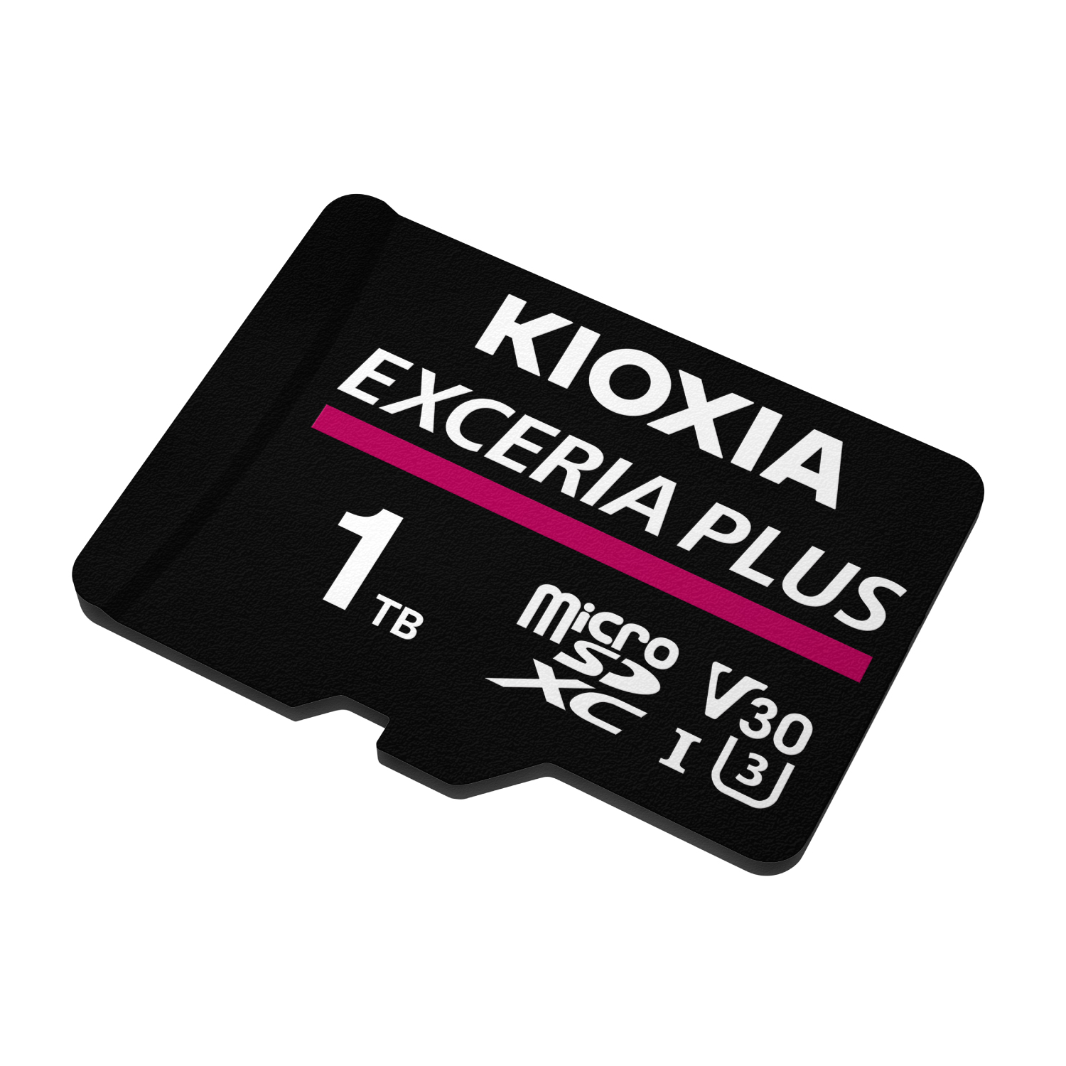Siyah KIOXIA 1TB microSDXC kartı, beyaz yazı ve pembe şerit.