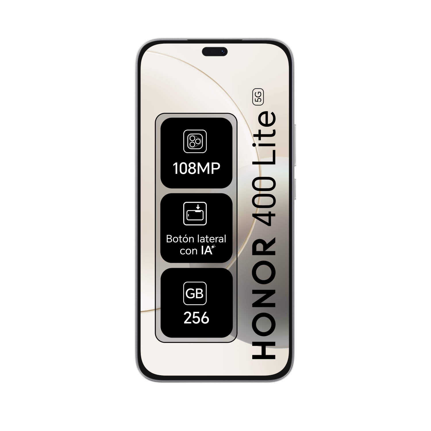 Teléfono HONOR 400 Lite 5G sobre fondo negro. Incluye 108MP, botón lateral con IA y 256 GB.