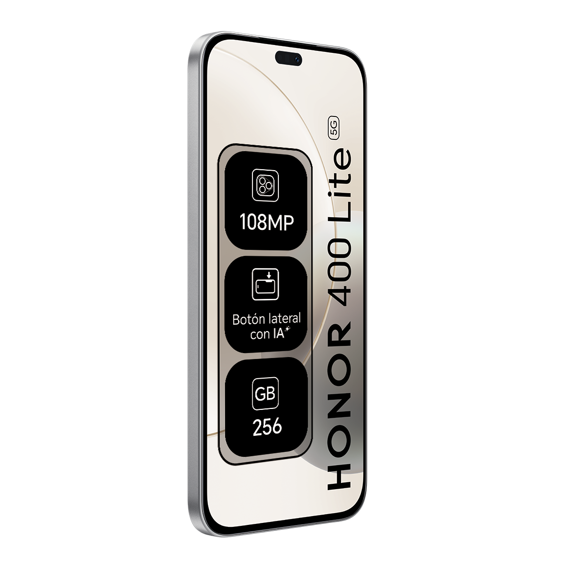 Teléfono HONOR 400 Lite 5G sobre fondo negro. Características: 108MP, botón lateral con IA, 256 GB. Vista en ángulo.