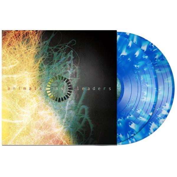 Vinyl-Schallplatte 'Animals as Leaders'. Das Cover hat abstrakte Kunst mit Blau- und Gelbtönen. Vinyl ist blau mit weißen Wirbeln.
