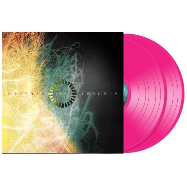 Albumcover mit abstrakter Kunst und einer pinkfarbenen Vinyl-Schallplatte. Der Text lautet 'animals as leaders'.