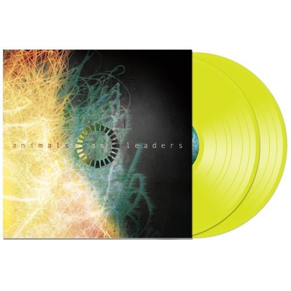 Vinylplatte mit gelben Scheiben. Das Albumcover trägt die Aufschrift "animals as leaders" mit abstrakter Kunst.
