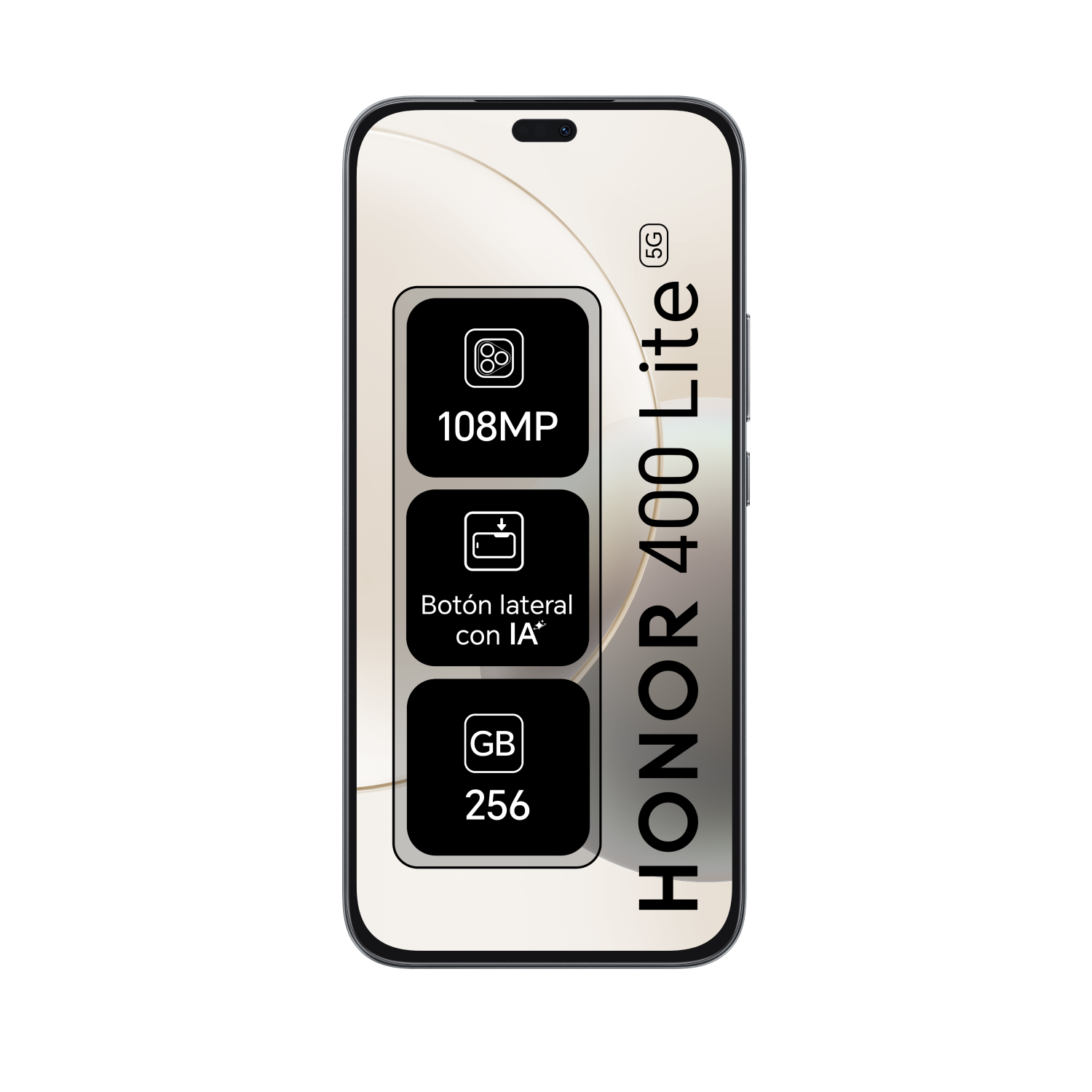 Teléfono HONOR 400 Lite 5G sobre fondo negro. Incluye 108MP, botón lateral con IA y 256 GB.
