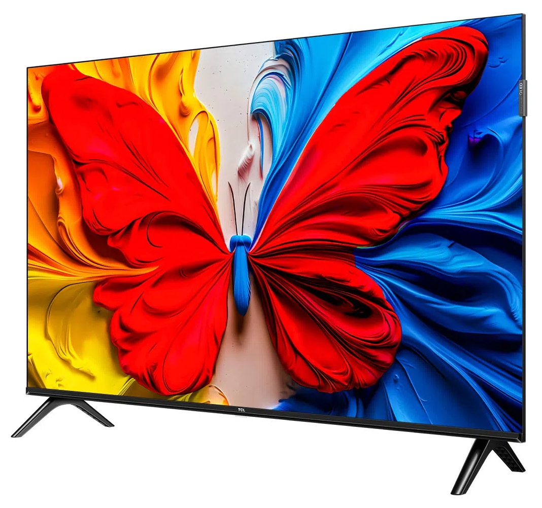 Telewizor TCL wyświetla kolorowy obraz motyla ze skrzydłami.