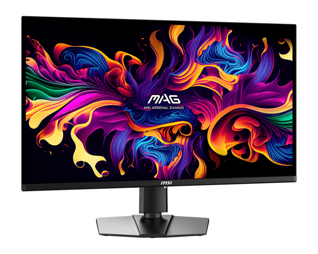 Siyah bilgisayar monitörü. Ekranda soyut sanat. MSI logosu altta. Canlı renkler.