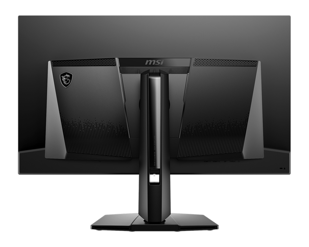 Siyah bir bilgisayar monitörünün arkası. MSI logosu üstte. Ayak siyah.