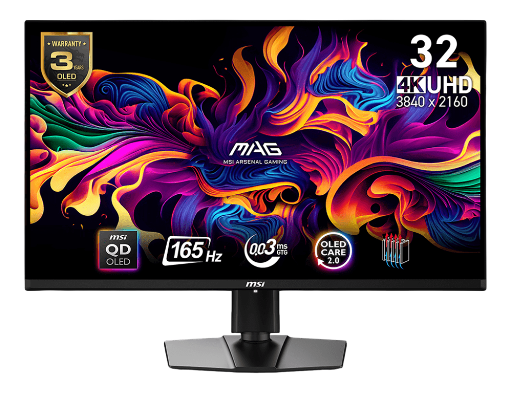 Soyut sanatlı siyah bilgisayar monitörü. 32 UHD ekran. MSI logosu altta. Renkli şekiller.