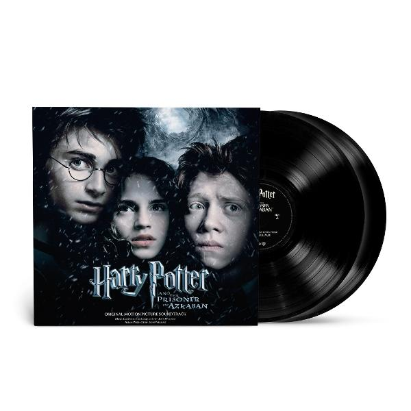 Harry Potter filmzenei album borítója három főszereplővel és két fekete bakelit lemezzel.