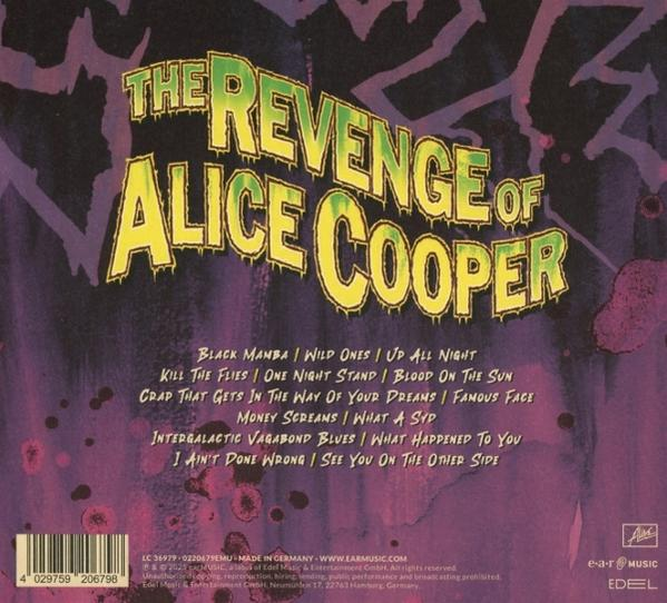 Album borító: "The Revenge of Alice Cooper". Sárga szöveg sötét lila háttéren. Dalsor és logó alul.