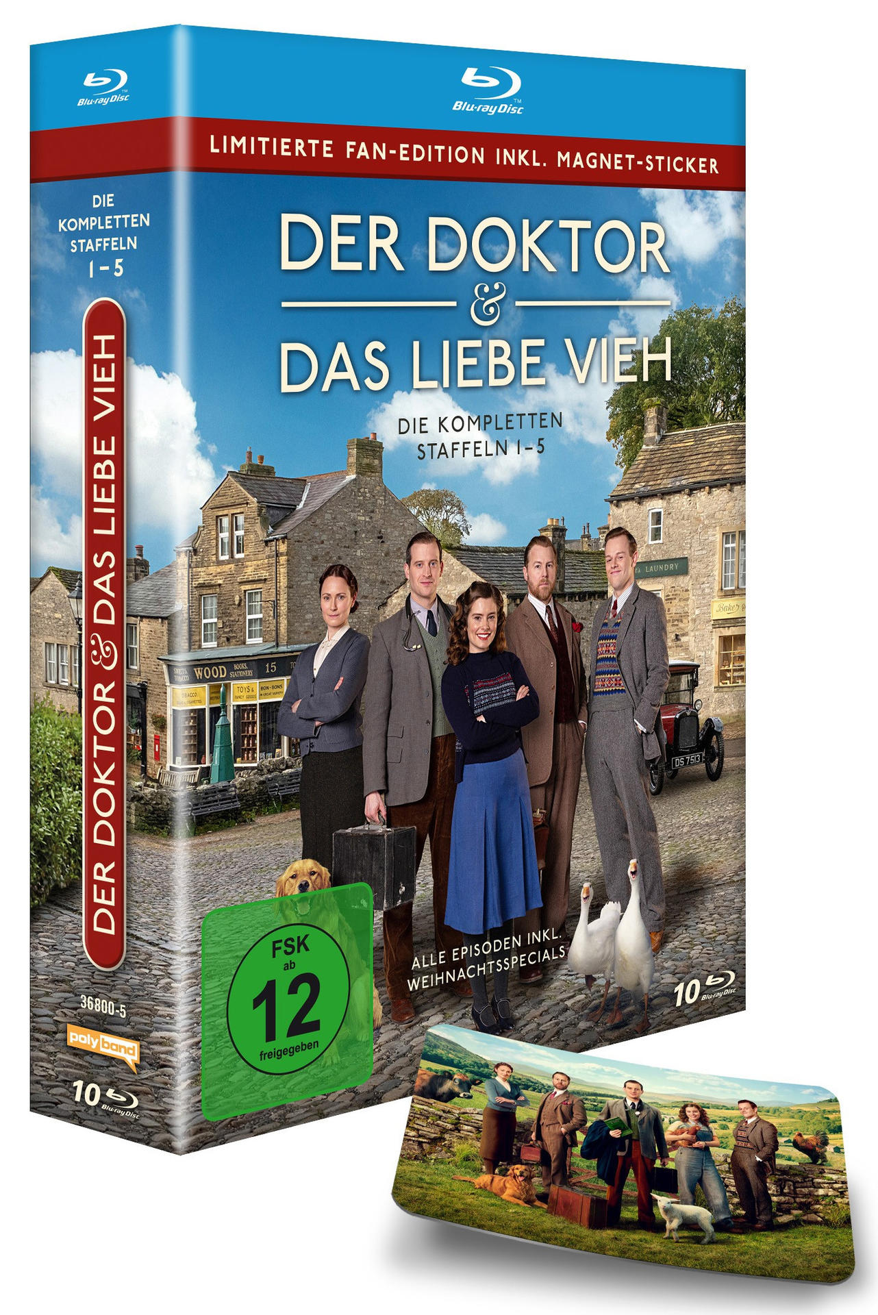 DVD-Box-Set. Eine Gruppe von Leuten mit einem Hund und Gänsen auf einer Straße. Text: Der Doktor und das liebe Vieh.