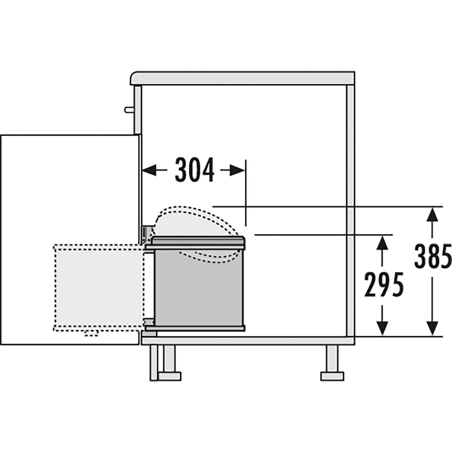 Diagramm eines Schranks mit einem Mülleimer darin. Maße markiert: 304, 295 und 385.
