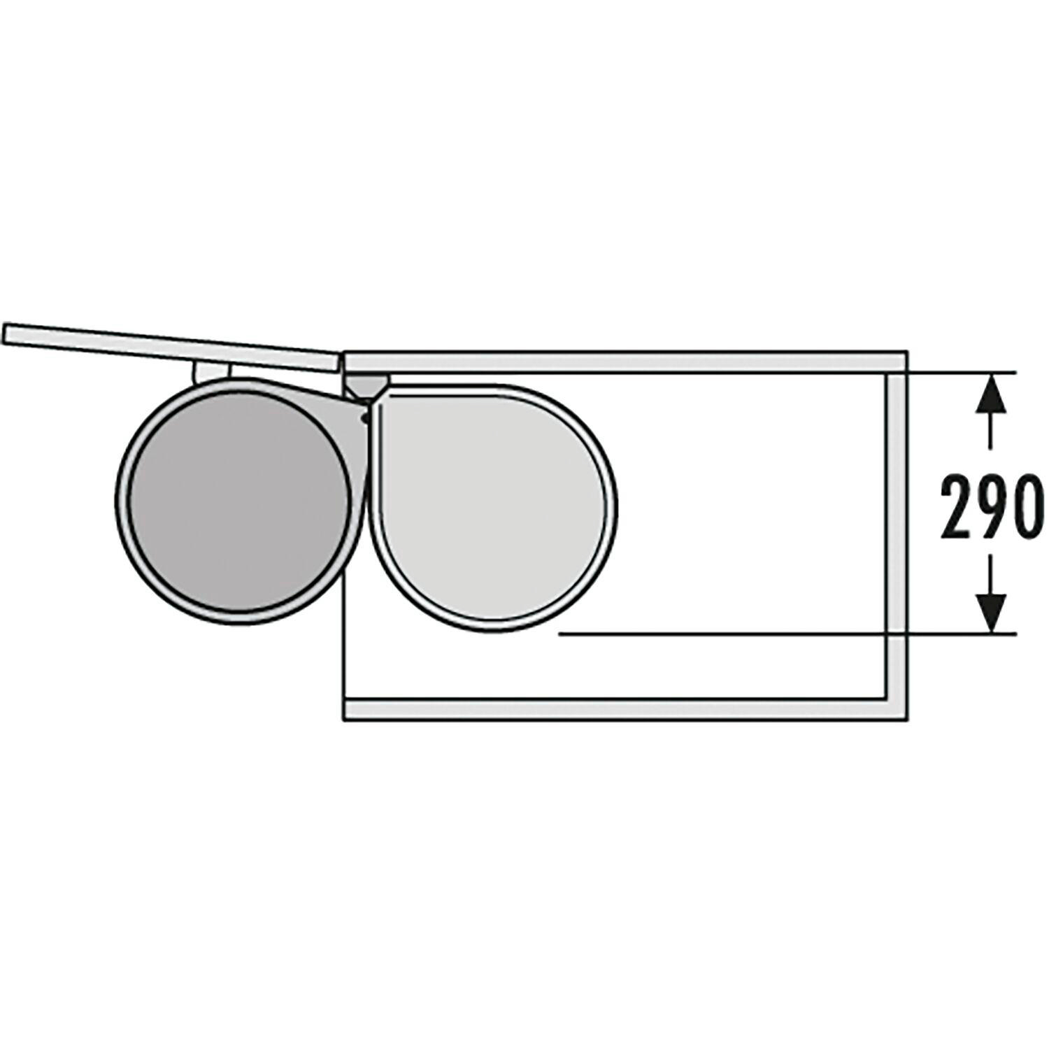 Diagramm eines Schranks mit zwei Mülleimern darin. Abmessung markiert: 290.
