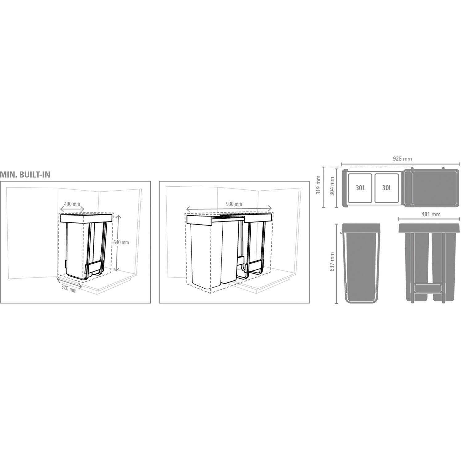Diagramm mit Abmessungen des Mülleimers und Installationsanweisungen, einschließlich Höhe, Breite und Tiefe.