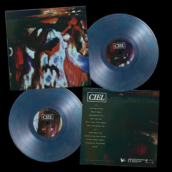 CIEL Album-Set auf schwarzem Hintergrund. Enthält Schallplatten und Albumcover mit abstrakter Kunst und Titelliste.