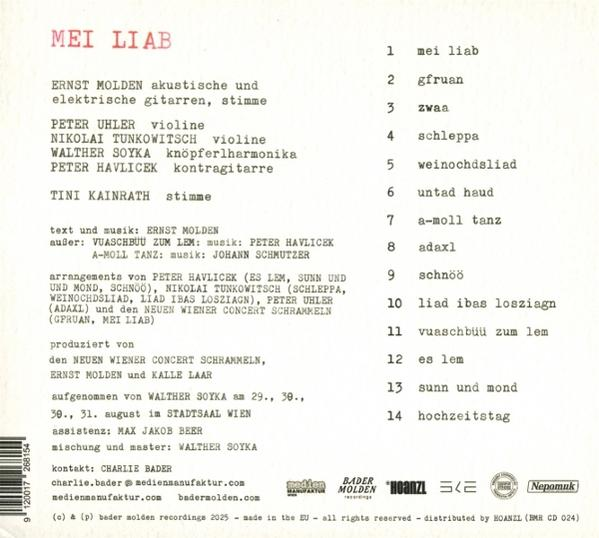 Albumcover mit Titel 'MEI LIAB', Künstler und Titelliste. Text in Schwarz auf hellem Hintergrund.