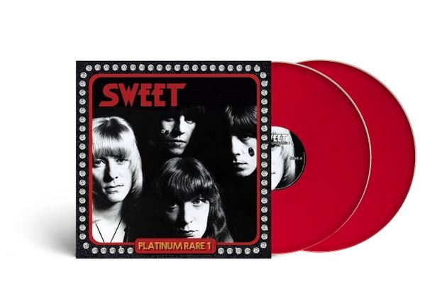 Albumcover: Band 'Sweet' Gesichter, umrahmt von einem roten Rand und zwei roten Schallplatten. Albumtitel: Platinum Rare 1.