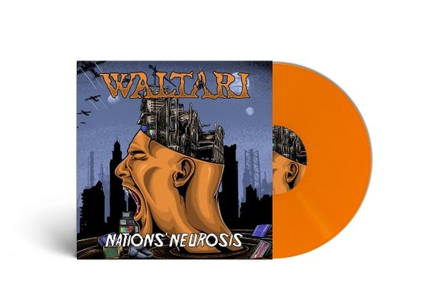 Albumcover mit einem schreienden Kopf und einer Stadt im Inneren. Rechts ist eine orangefarbene Schallplatte.