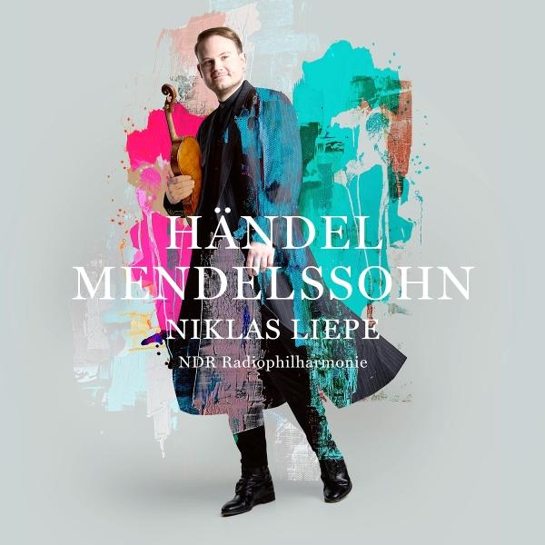 Mann mit Geige, Albumcover: Händel & Mendelssohn von Niklas Liepe. Bunter abstrakter Hintergrund, grauer Hintergrund.