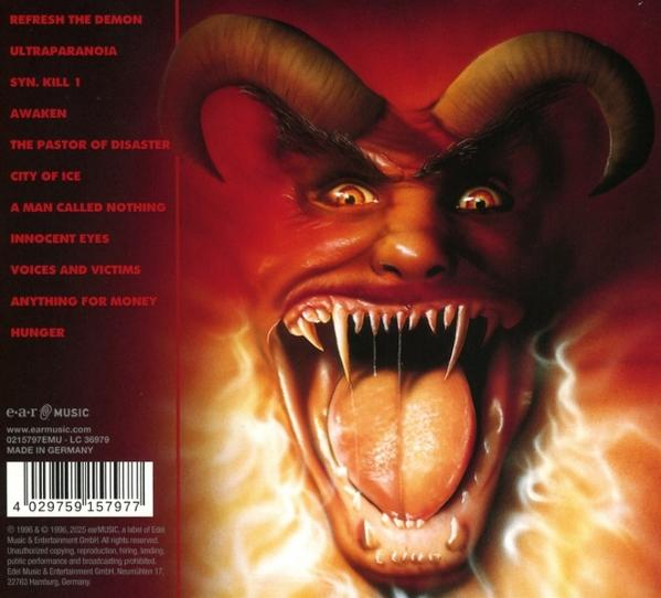 Albumcover. Dämonengesicht mit offenem Mund, scharfen Zähnen, langer Zunge. Roter, feuriger Hintergrund. Text: Songtitel, e-a-r music Logo.