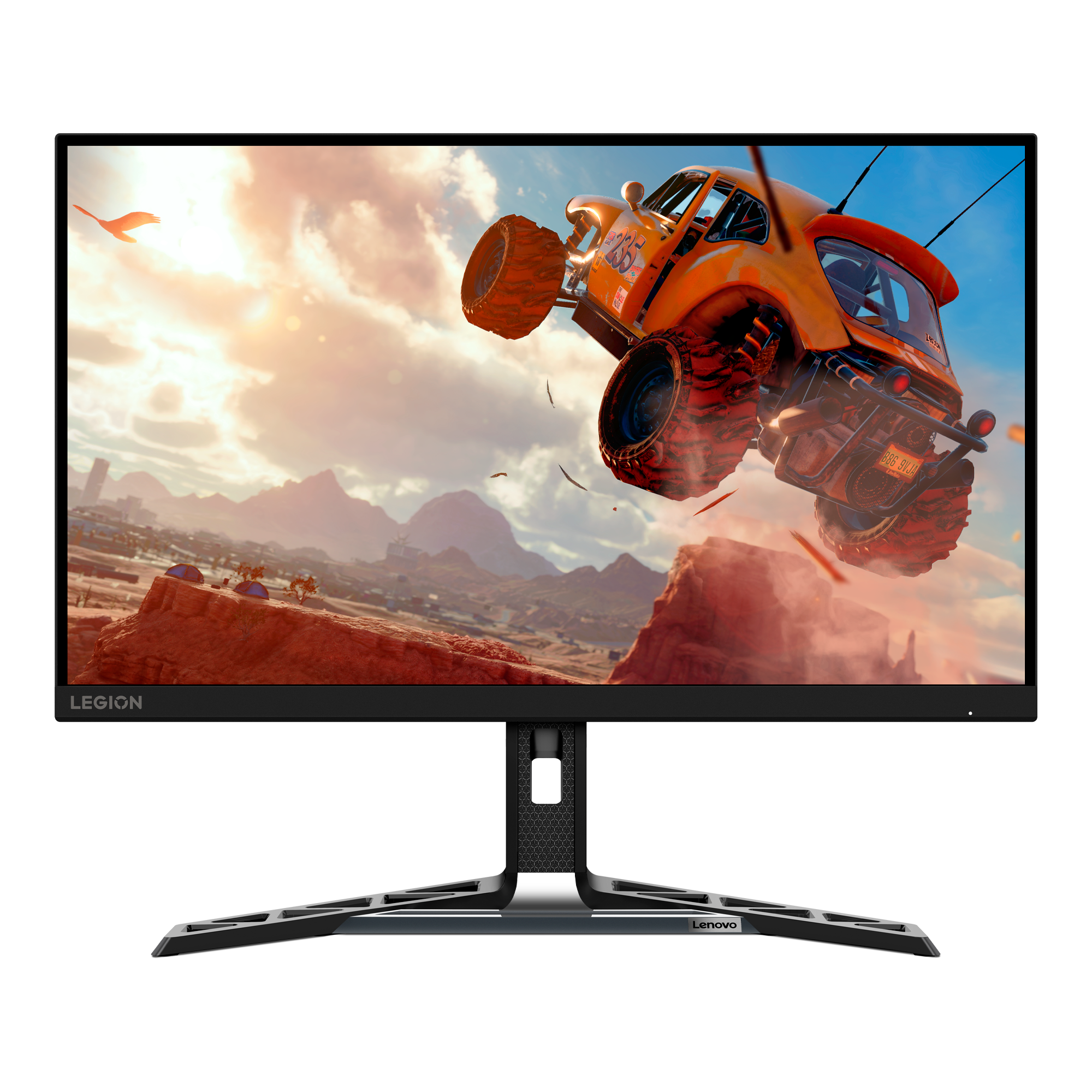 Bir Lenovo Legion monitör, çöl manzarasında zıplayan bir araba gösteriyor. Monitörün siyah çerçevesi ve standı var.
