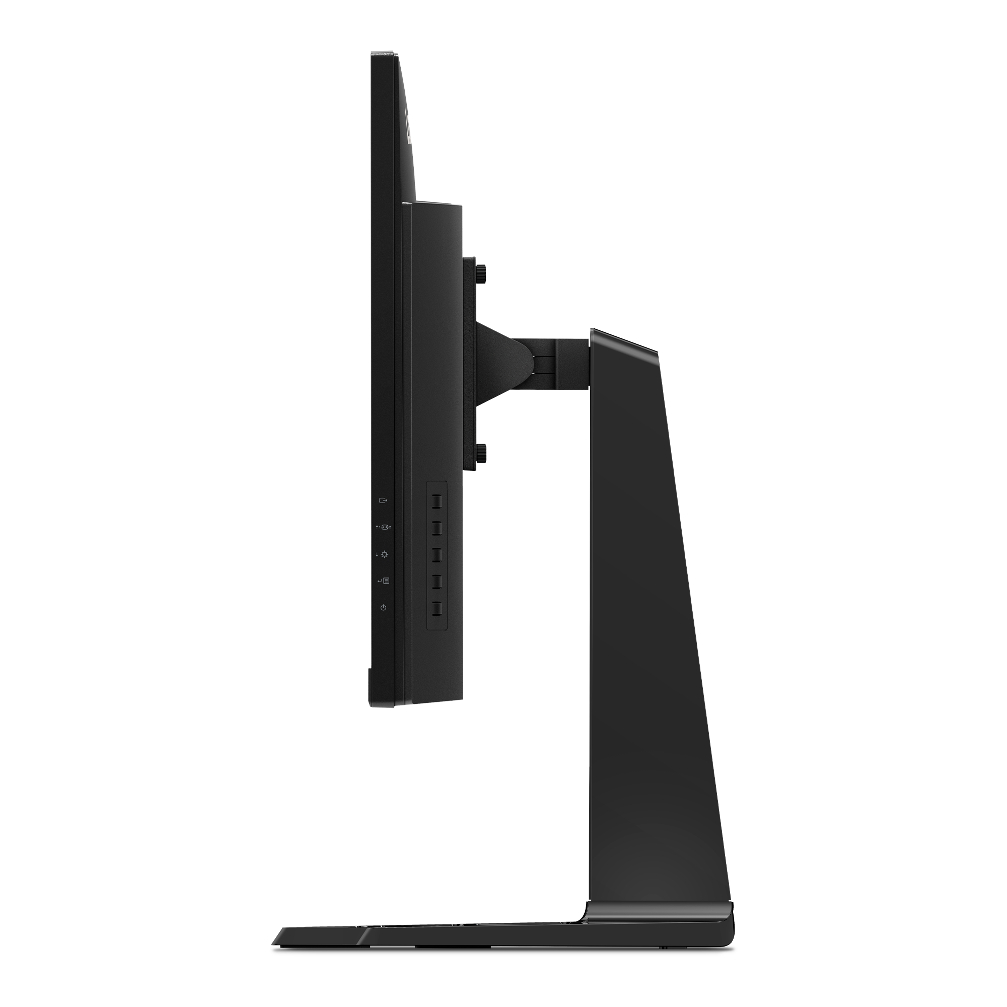 Siyah bir Lenovo Legion monitörün yan görünümü. Bir standı ve bağlantı noktaları var.