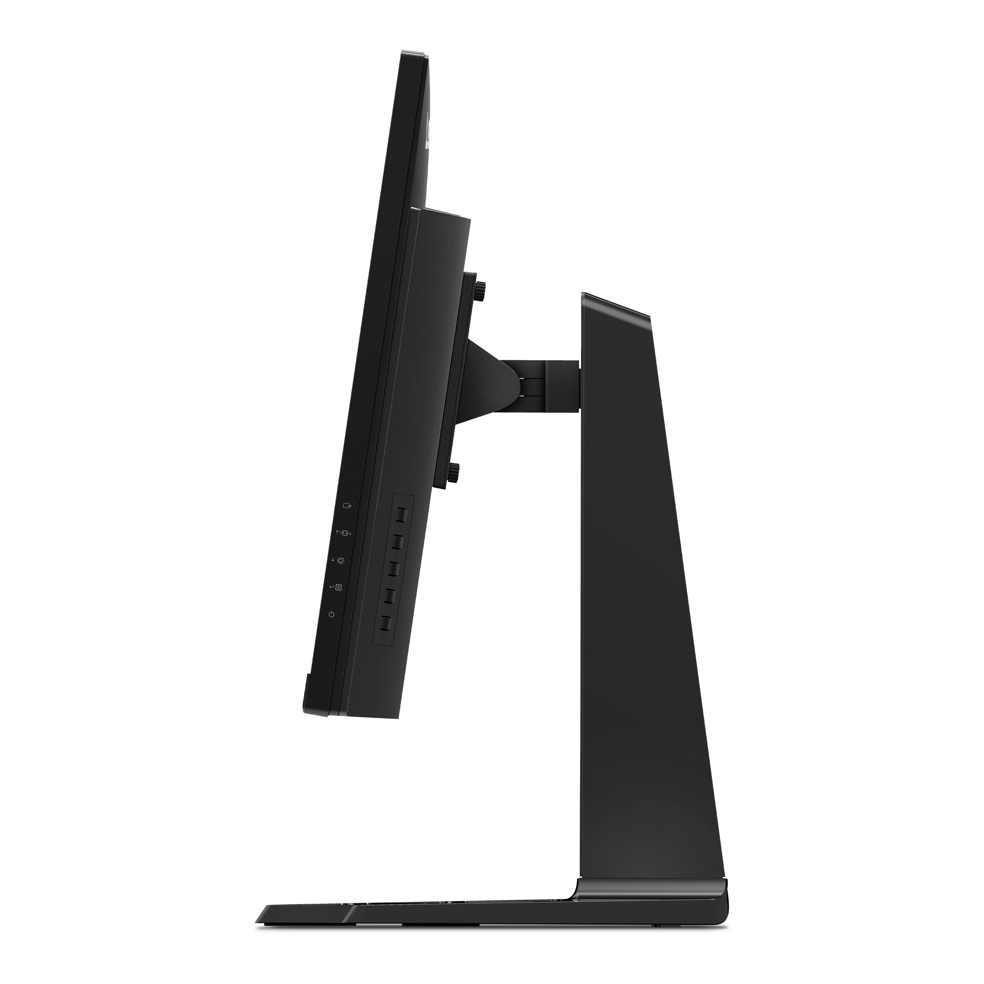 Siyah bir Lenovo Legion monitörün yan görünümü. Bir standı ve bağlantı noktaları var.