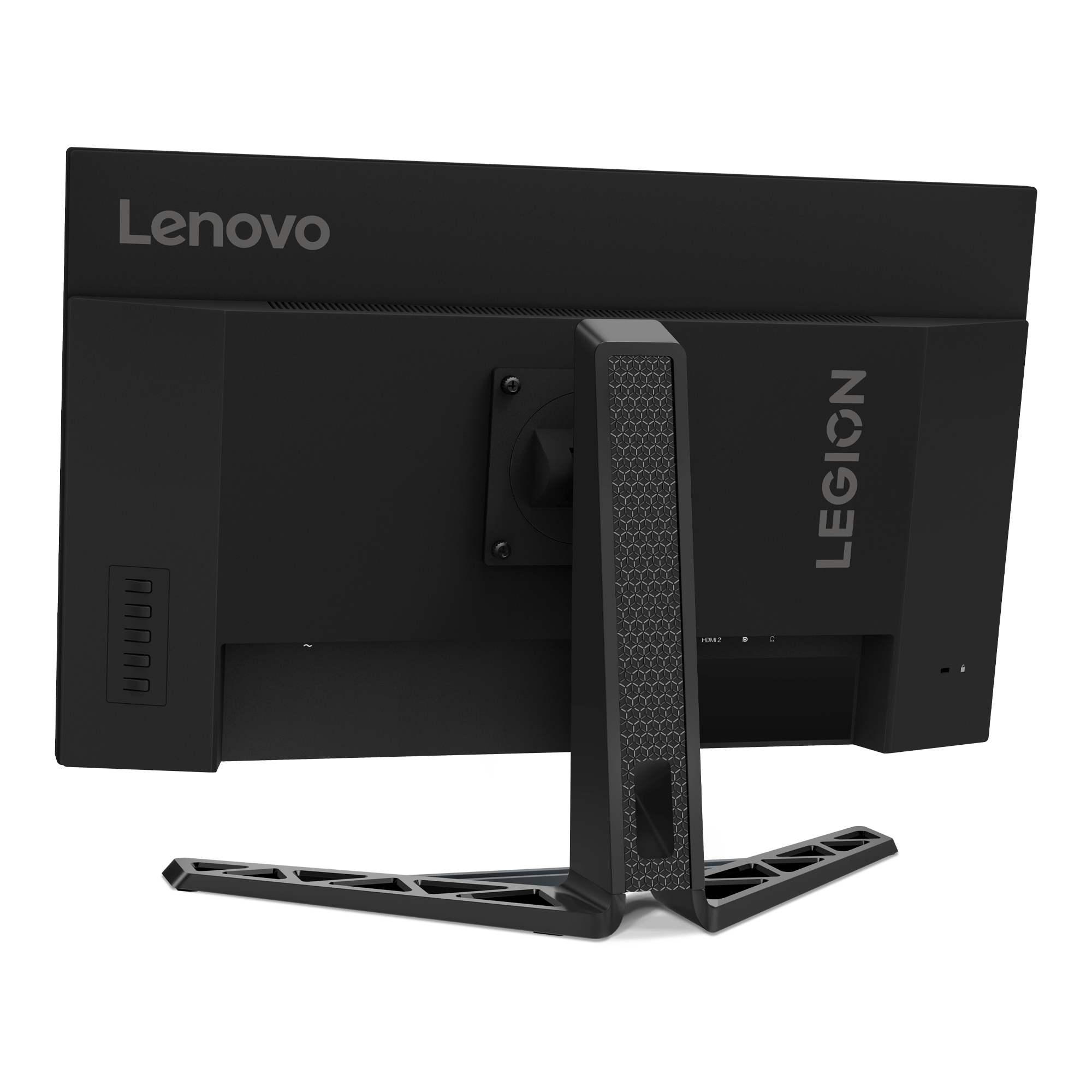 Siyah bir Lenovo Legion monitörünün arkası. Lenovo ve Legion basılıdır. Bağlantı noktaları gösterilir.