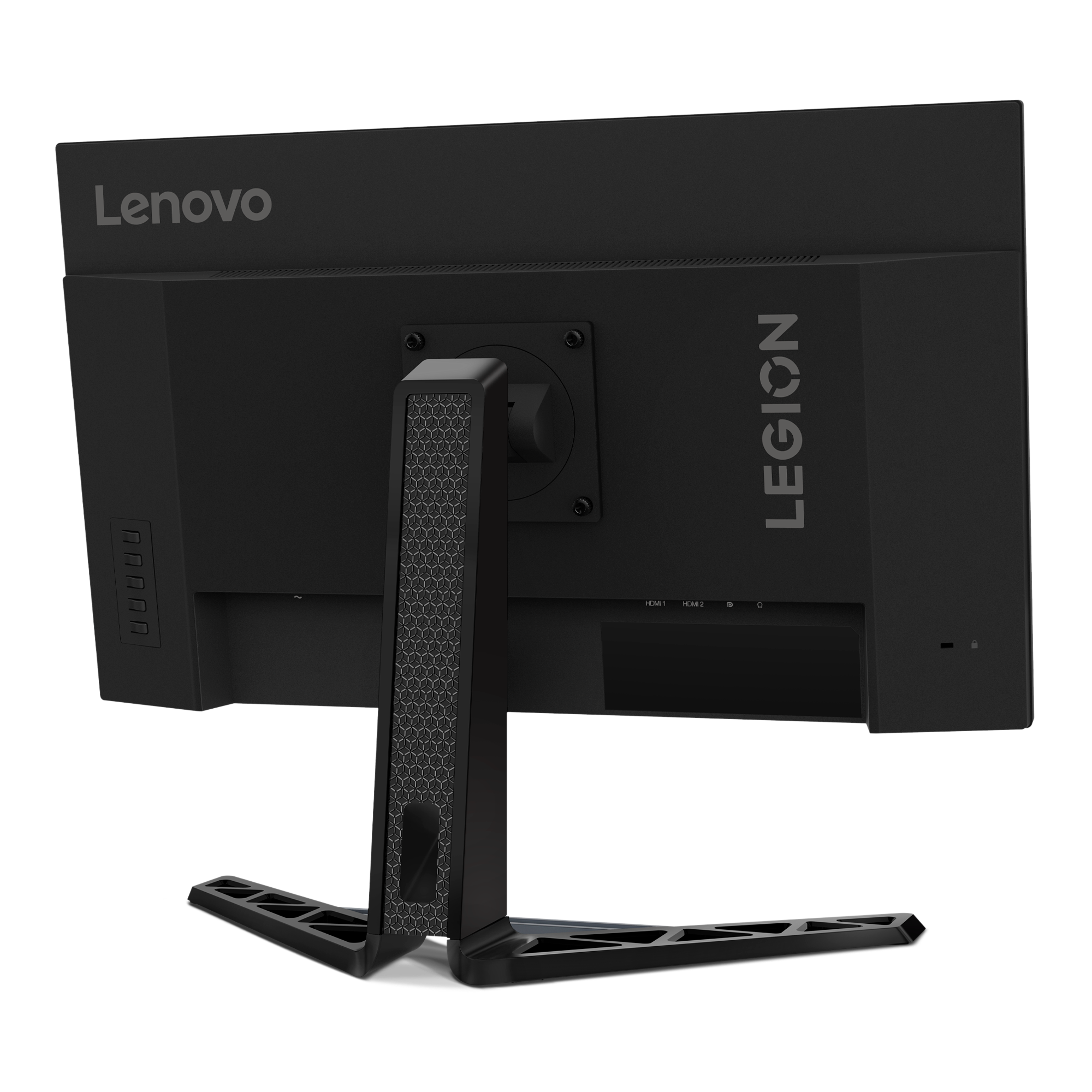 Siyah bir Lenovo Legion monitörünün arkası. Lenovo ve Legion basılıdır. Bağlantı noktaları gösterilir.