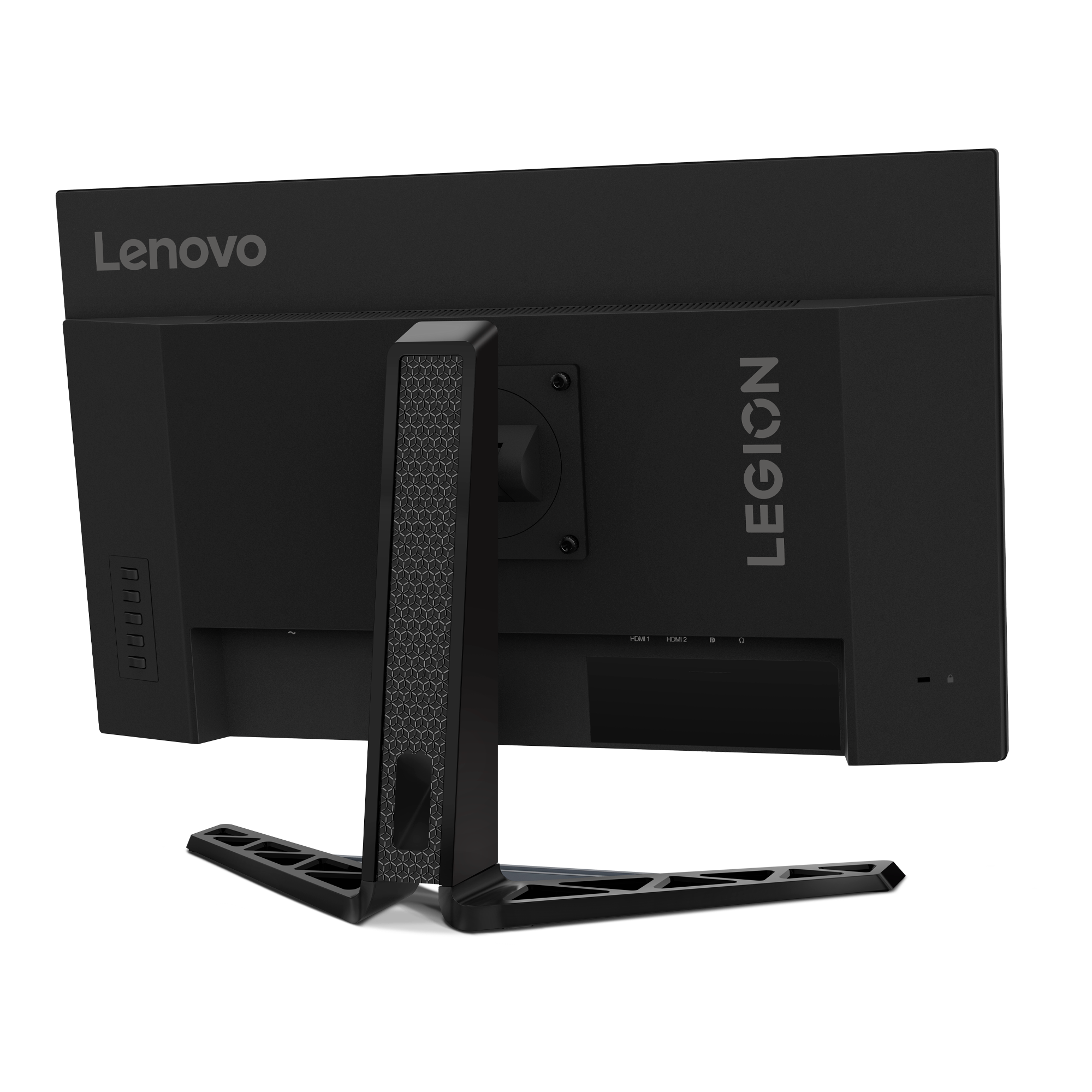 Siyah bir Lenovo Legion monitörünün arkası. Lenovo ve Legion basılıdır. Bağlantı noktaları gösterilir.