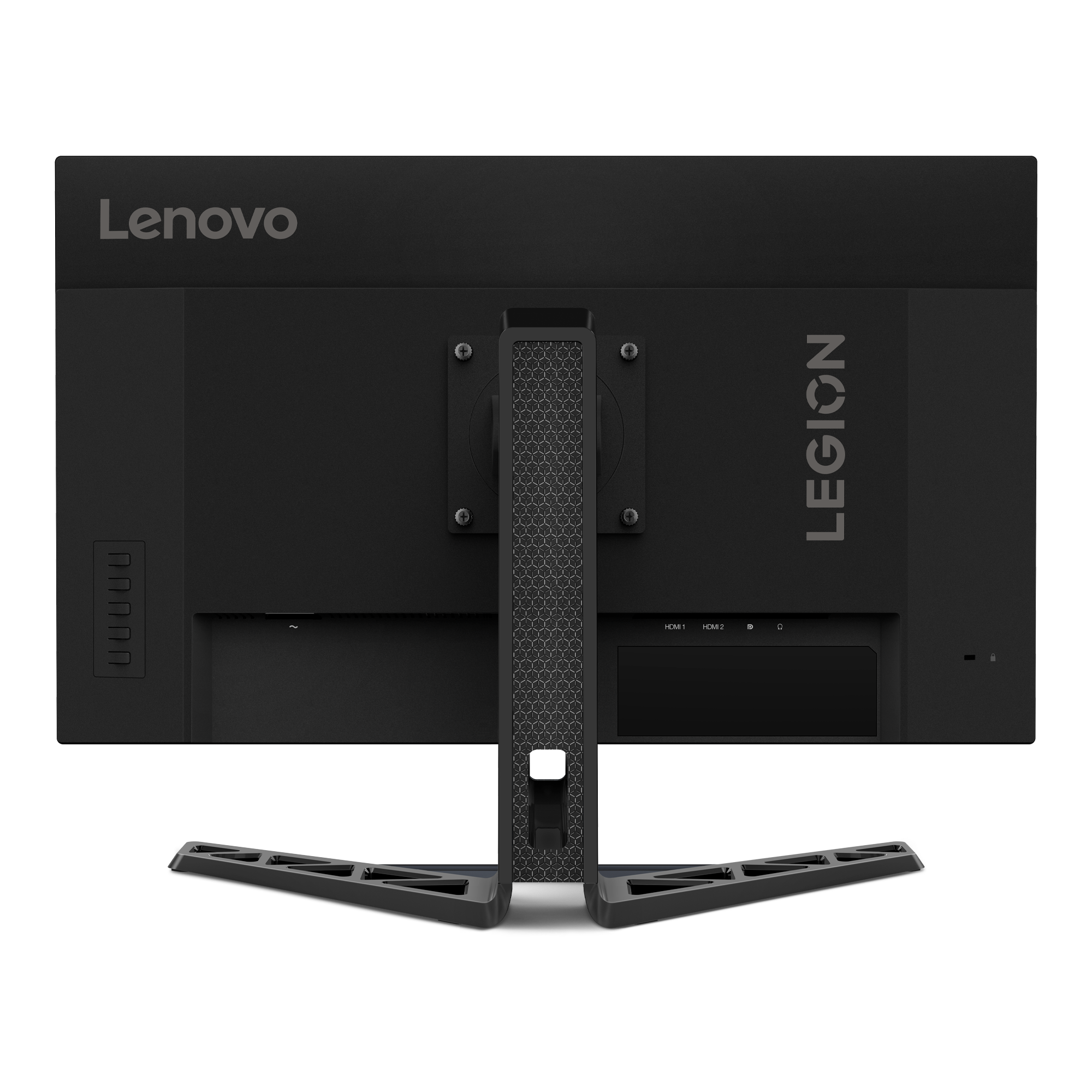 Siyah bir Lenovo Legion monitörünün arkası. Lenovo ve Legion basılıdır. Bağlantı noktaları gösterilir.